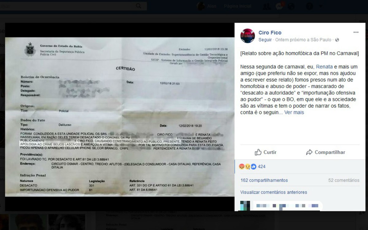 Jovem denuncia homofobia por ter sido detido por PM após beijo gay em carnaval na BA