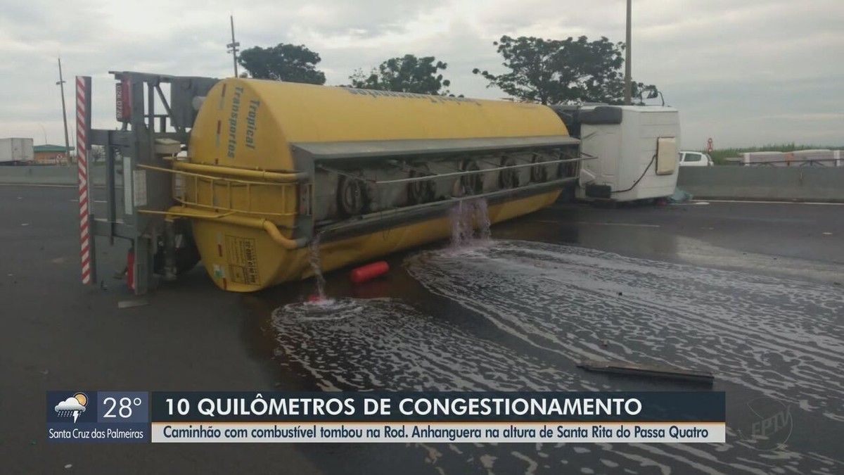 Caminhão tanque gasolina tomba em Santa Rita do Passa Quatro e