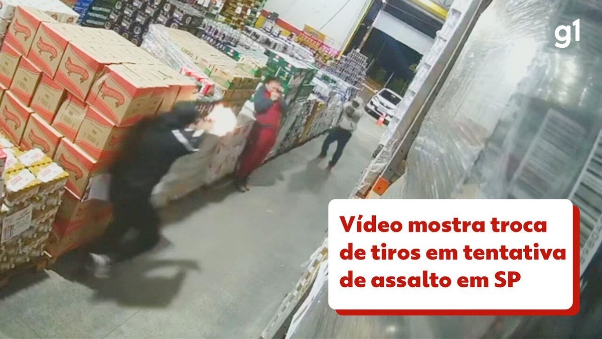 Vídeo mostra troca de tiros em tentativa de assalto em distribuidora de