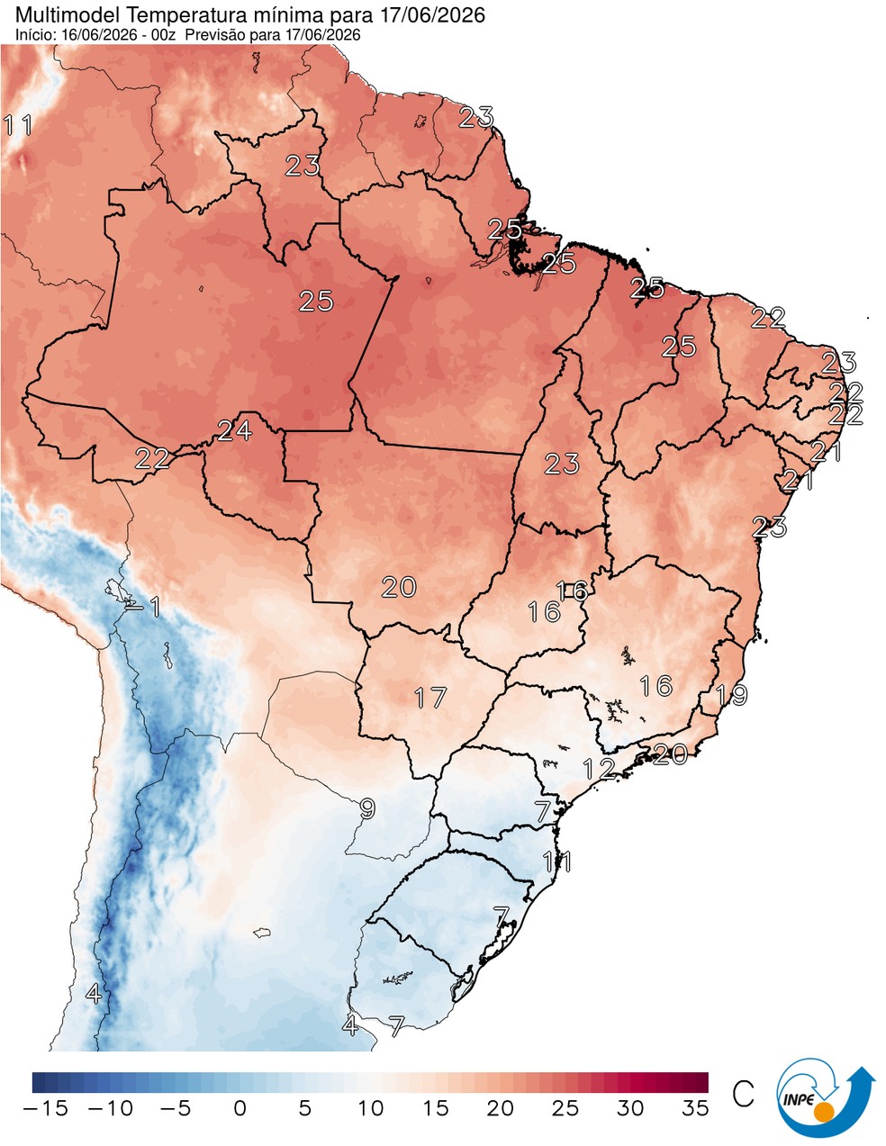 Previs&atilde;o de temperatura m&iacute;nima nesta quarta (17) em todo o Brasil. &mdash; Foto: CPTEC/Inpe