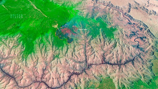 Imagem de satélite mostra cicatriz de incêndio que devastou o Grand Canyon, nos EUA; VEJA - Fogo começou após raio em 4 de julho, destruiu alojamentos históricos e forçou evacuação de visitantes.