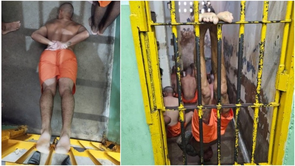 Presos eram obrigados de cabeça para baixo, se equilibrando apenas com a testa, em sessão de torturas nas celas de presídios no Ceará — Foto: TV Verdes Mares/Reprodução