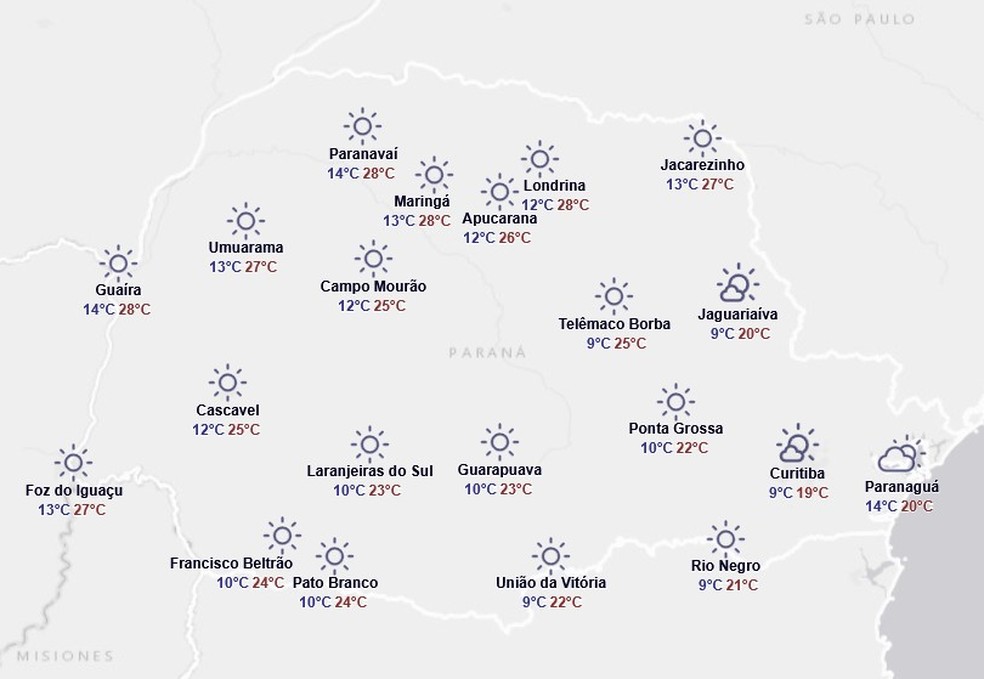 Previsão do tempo do Simepar para quarta-feira, 24 de setembro — Foto: Reprodução/Simepar