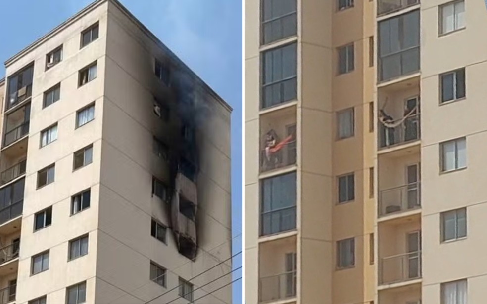 Moradores em sacada de apartamento pedem ajuda durante incêndio em prédio, em Valparaíso de Goiás — Foto: Reprodução/TV Anhanguera