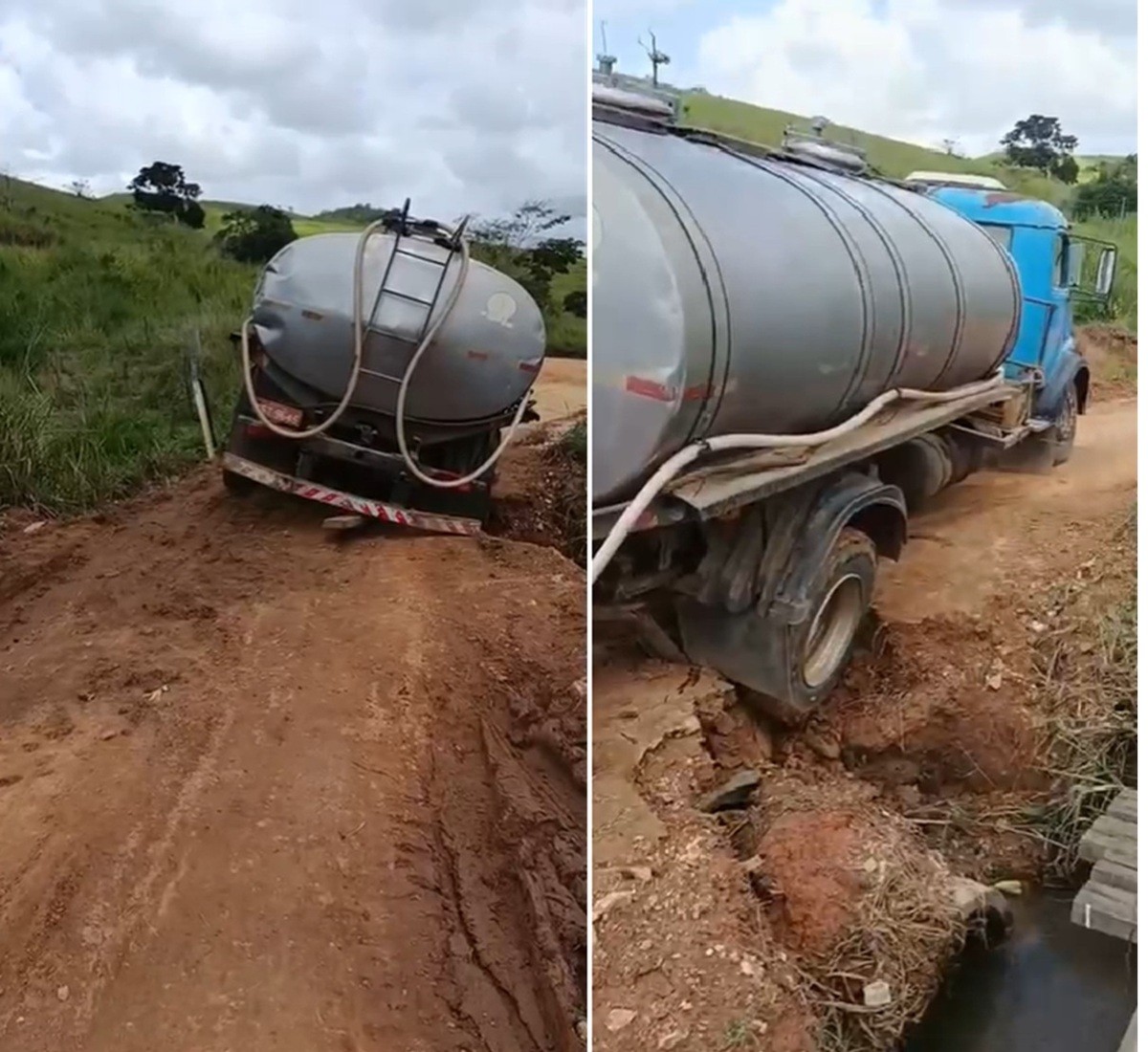 Caminhão de leite volta a atolar na RJ-206 e quase tomba em Cambuci