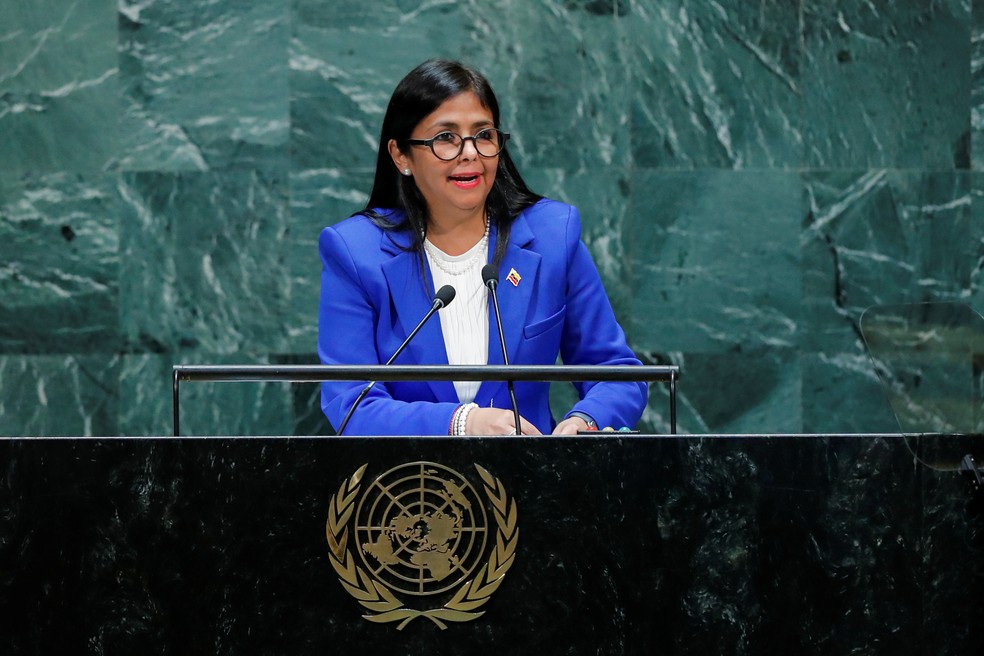 Vice-presidente do governo chavista na Venezuela, Delcy Rodríguez, discursa na Assembleia da ONU nesta sexta-feira (27) — Foto: Eduardo Munoz/Reuters