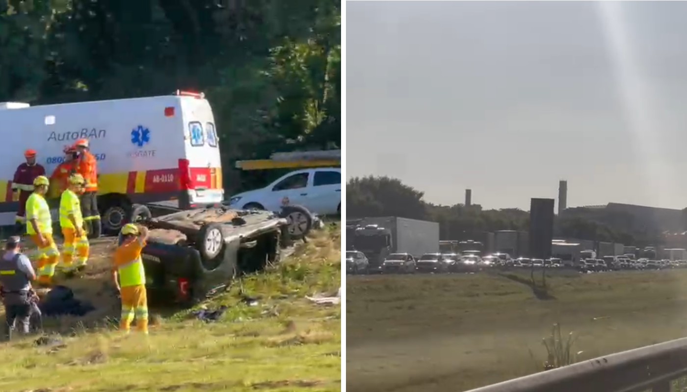 Carro capota após batida com carreta e motorista fica gravemente ferido na Bandeirantes, em Campinas