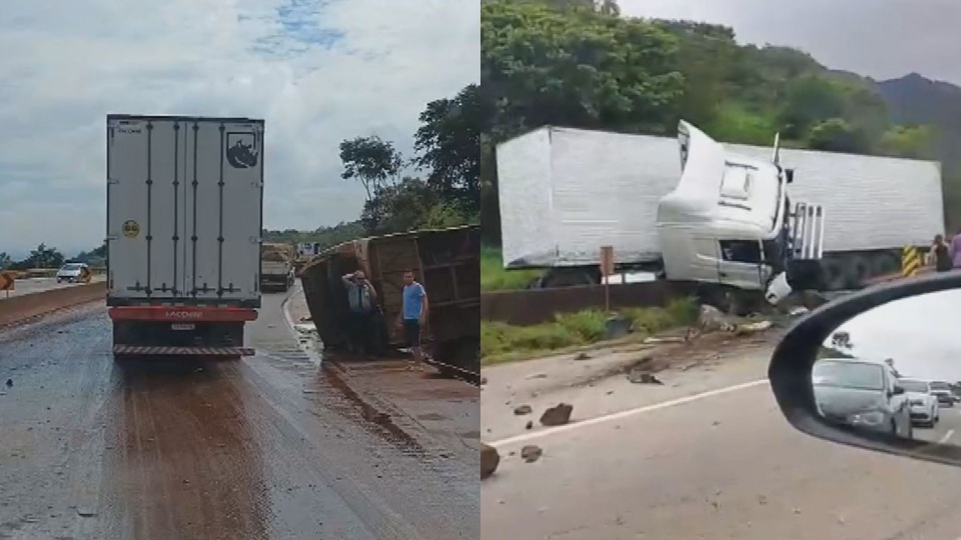 Ônibus tomba em acidente com carreta na Fernão Dias, em MG