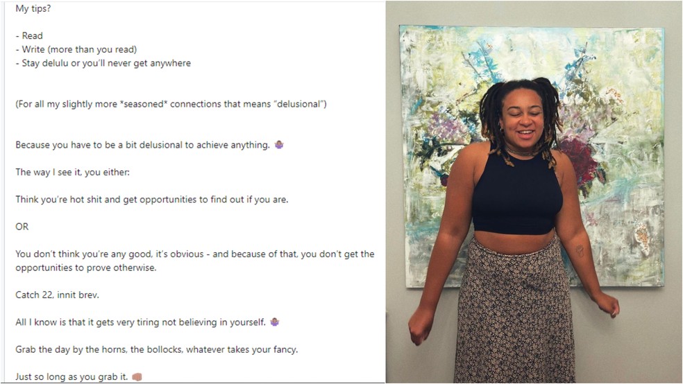 Executiva de redação Amy Stephenson-Yankuba listou que o pensamento "delulu" como uma das dicas para ter sucesso na área de mídia social  — Foto: Reprodução/ LinkedIn