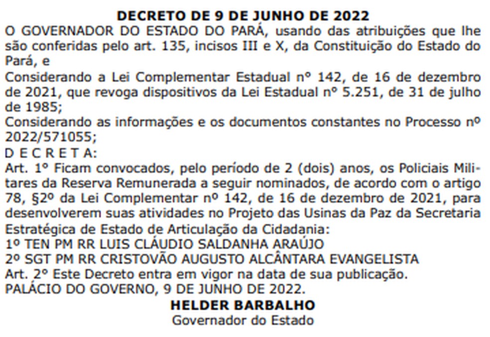 Sargento reformado é convocado para atuar nas Usinas da Paz. — Foto: Reprodução / Diário Oficial do Estado do Pará