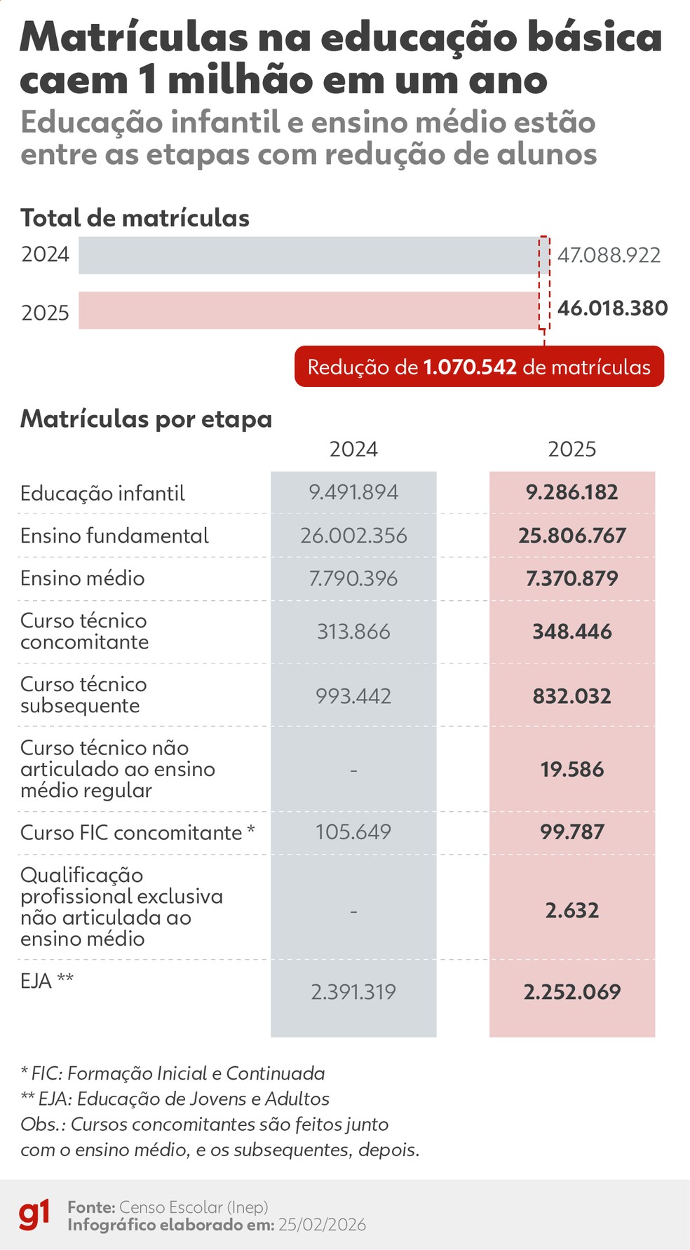 Gráfico mostra queda no número de matrículas na educação básica — Foto: Arte/g1