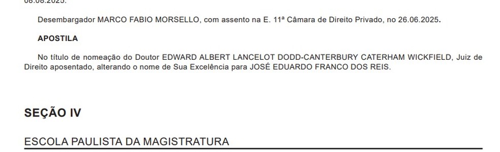 Diário da Justiça Eletrônico registra alteração do nome de juiz que se identificava como Edward Wickfield — Foto: Reprodução