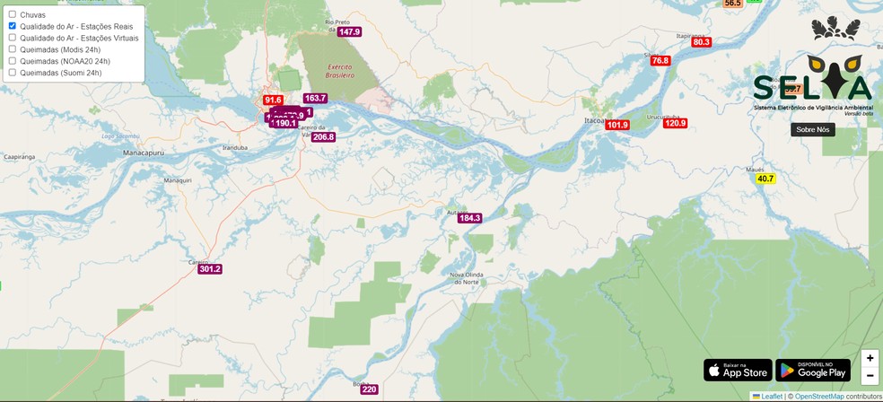 Municípios da Região Metropolitana de Manaus amanheceram com qualidade do ar "muito ruim" ou "péssima". — Foto: Reprodução/App Selva