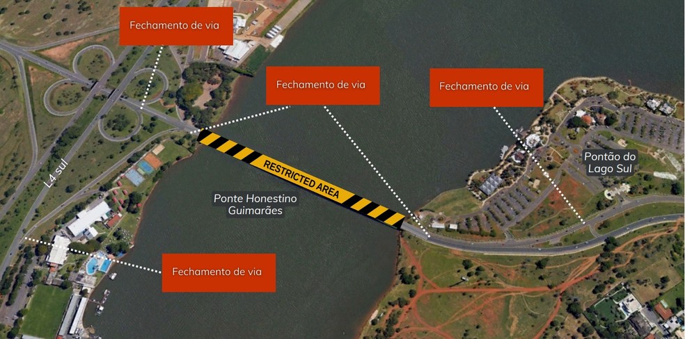Imagem indica locais bloqueados para reforma da Ponte Honestino Guimarães  — Foto: Divulgação/Detran-DF
