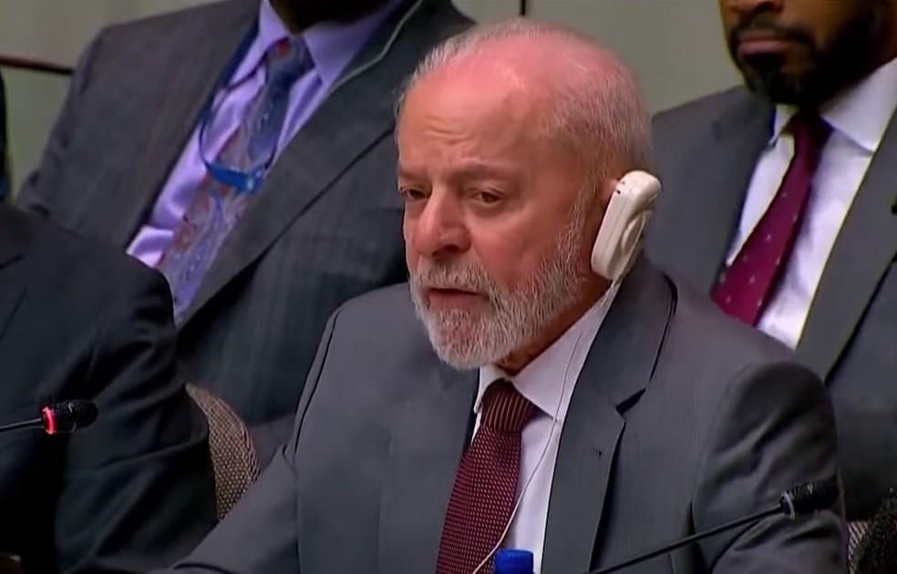 O presidente Lula durante discurso na reuni&atilde;o ministerial do G20, nos Estados Unidos &mdash; Foto: Reprodu&ccedil;&atilde;o/Canal Gov
