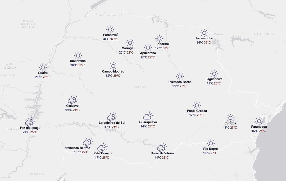 Previsão para quarta-feira, 12 de novembro — Foto: Reprodução/Simepar