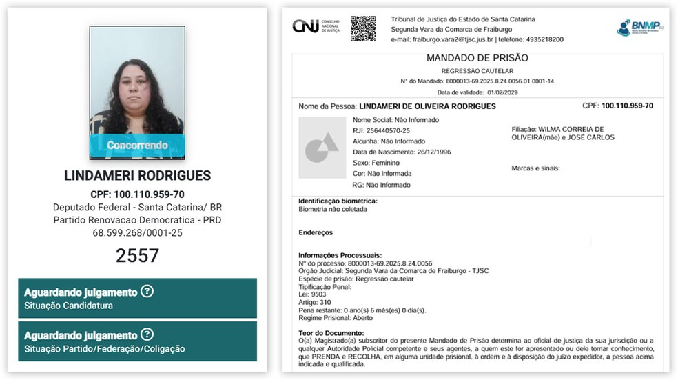 Lindameri Rodrigues aparece como “concorrendo” no DivulgaCand, do TSE, e em mandado de prisão por regressão cautelar, no BNMP — Foto: Montagem/g1, Reprodução/TSE e CNJ