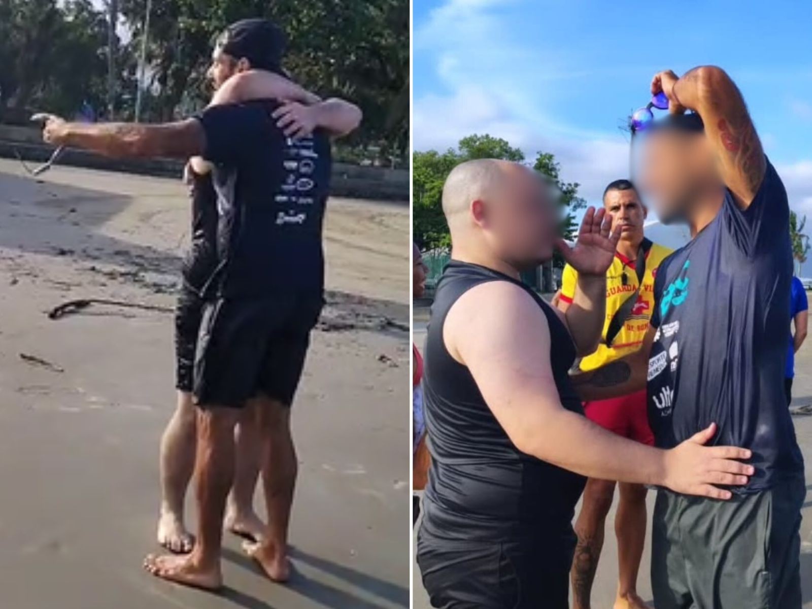 Turista salvo de afogamento no litoral de SP se emociona ao rever barqueiro herói; veja o abraço	