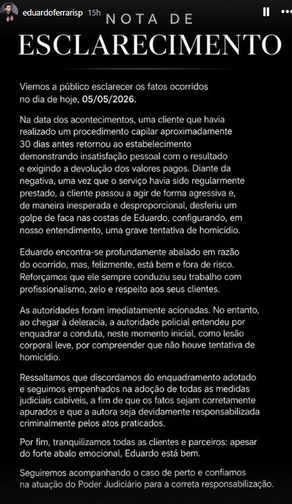Cabeleireiro divulga comunicado sobre agressão sofrida por cliente em São Paulo. — Foto: Reprodução/Redes Sociais