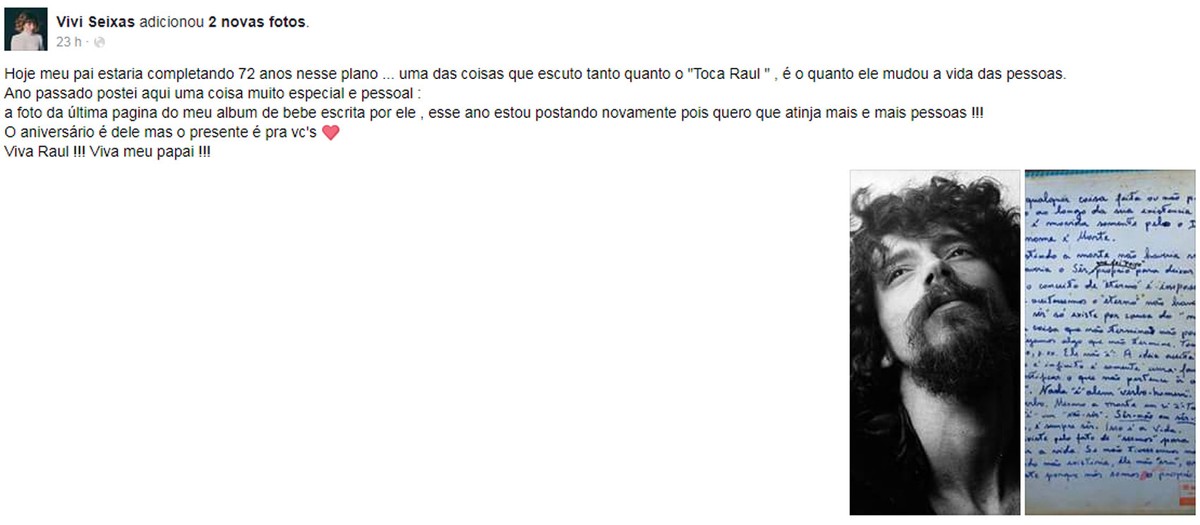 Filha de Raul Seixas faz homenagem ao pai no dia em que o cantor faria 72 anos Música G1