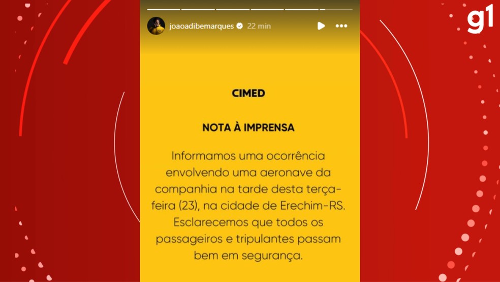 Nota publicada no perfil de presidente da Cimed, João Adibe Marques, após avião da empresa sair da pista em Erechim — Foto: Reprodução/Instagram