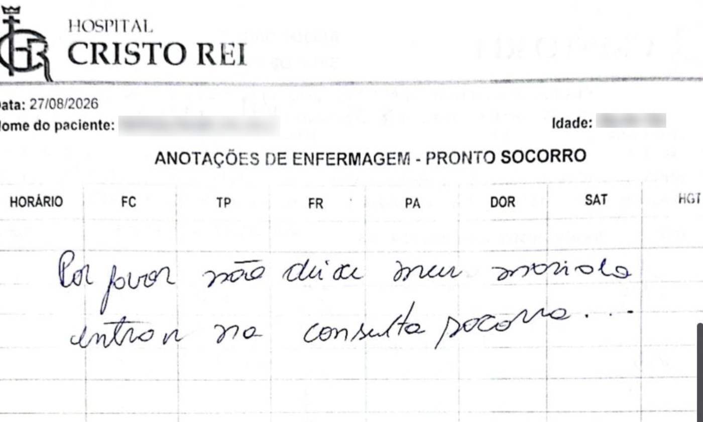 Mulher usa prontuário de hospital do Paraná para escrever pedido de socorro e denunciar marido: 'Não deixe entrar'