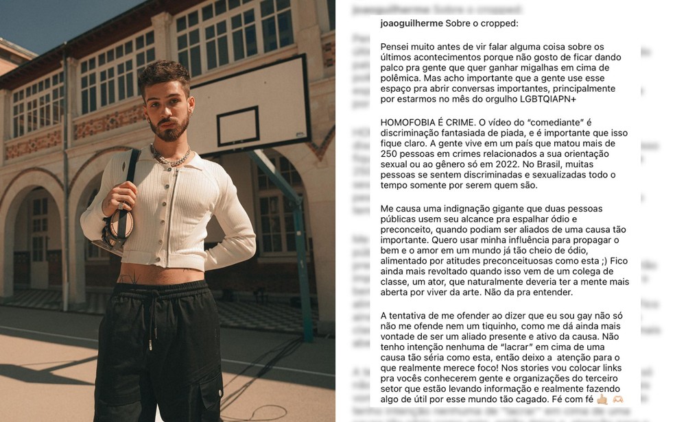 Ator João Guilherme foi criticado após usar cropped  — Foto: Reprodução/Redes sociais