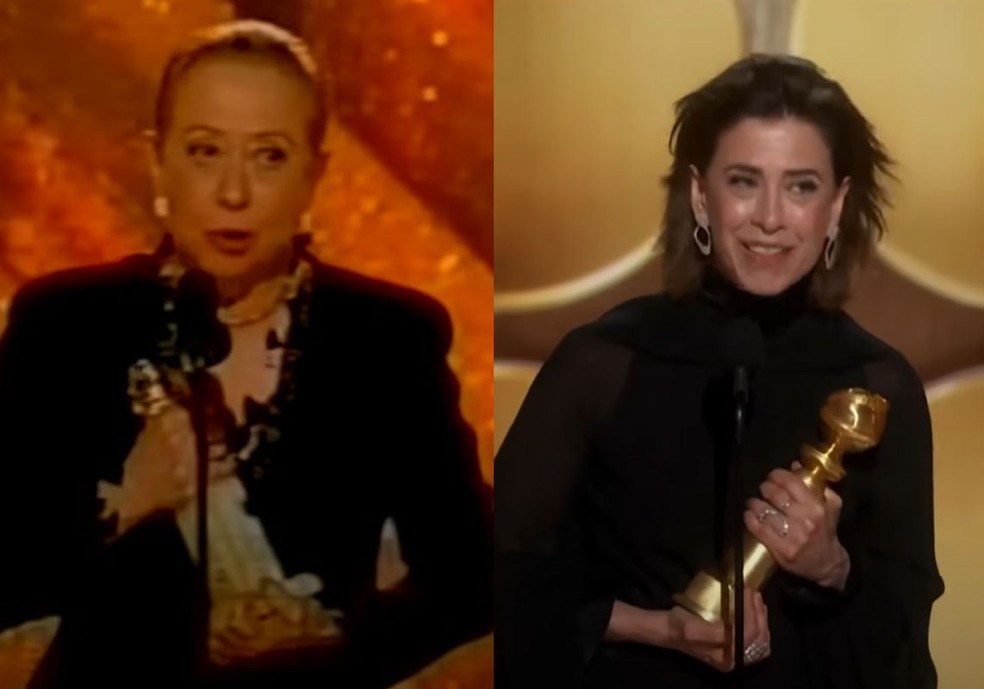 Fernanda Montenegro no Globo de Ouro de 1999 e Fernanda Torres na premiação de 2025 — Foto: Reprodução/Youtube