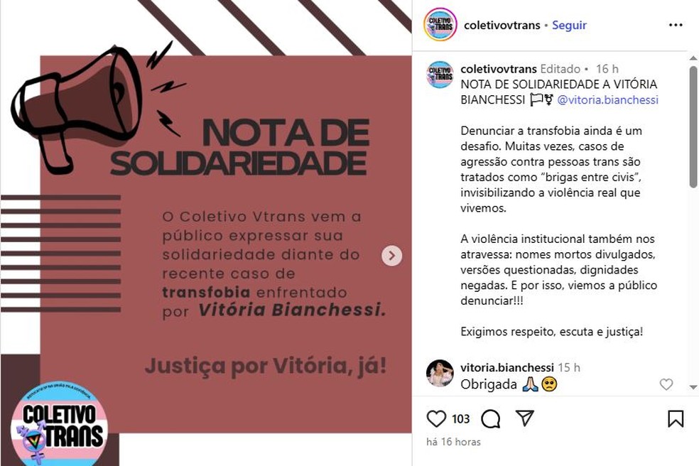 Coletivo que luta pelos direitos das pessoas transexuais se manifestou sobre o caso em Botucatu — Foto: Instagram/ Reprodução