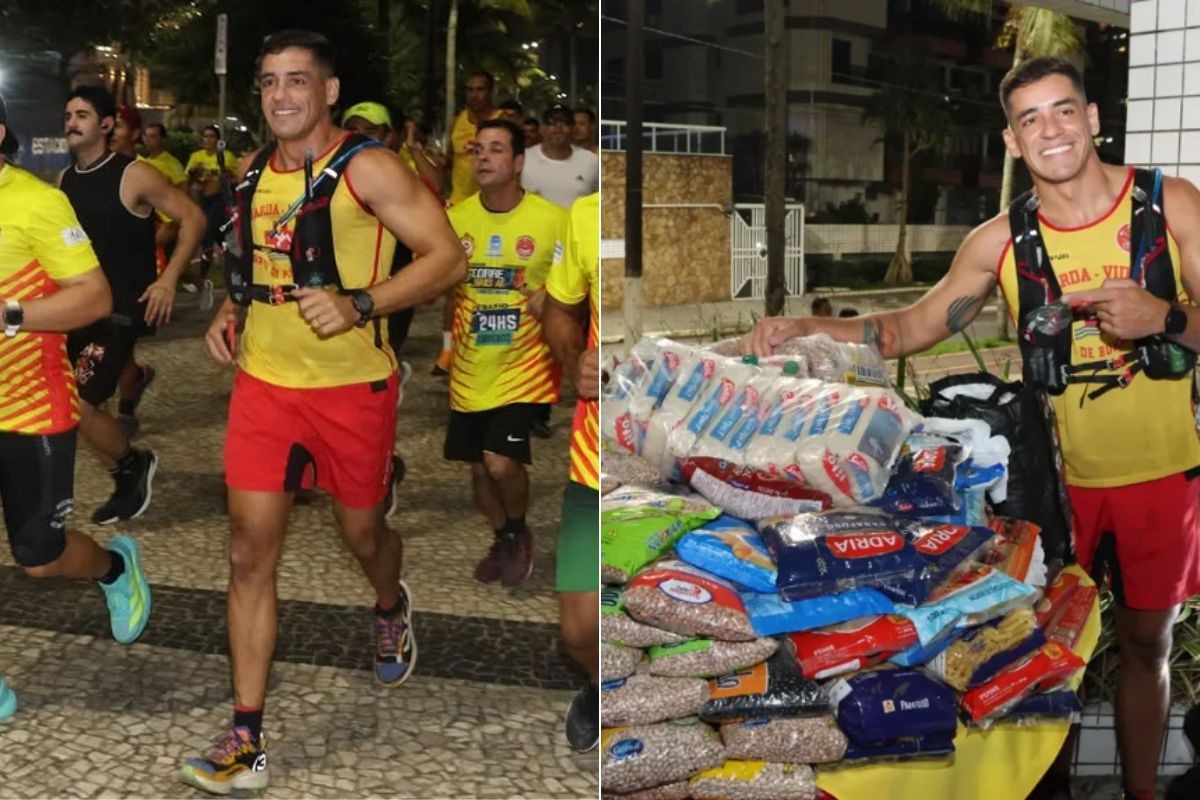 Guarda-vidas corre durante 24 horas para arrecadar mais de uma tonelada de alimentos no litoral de SP; VÍDEO