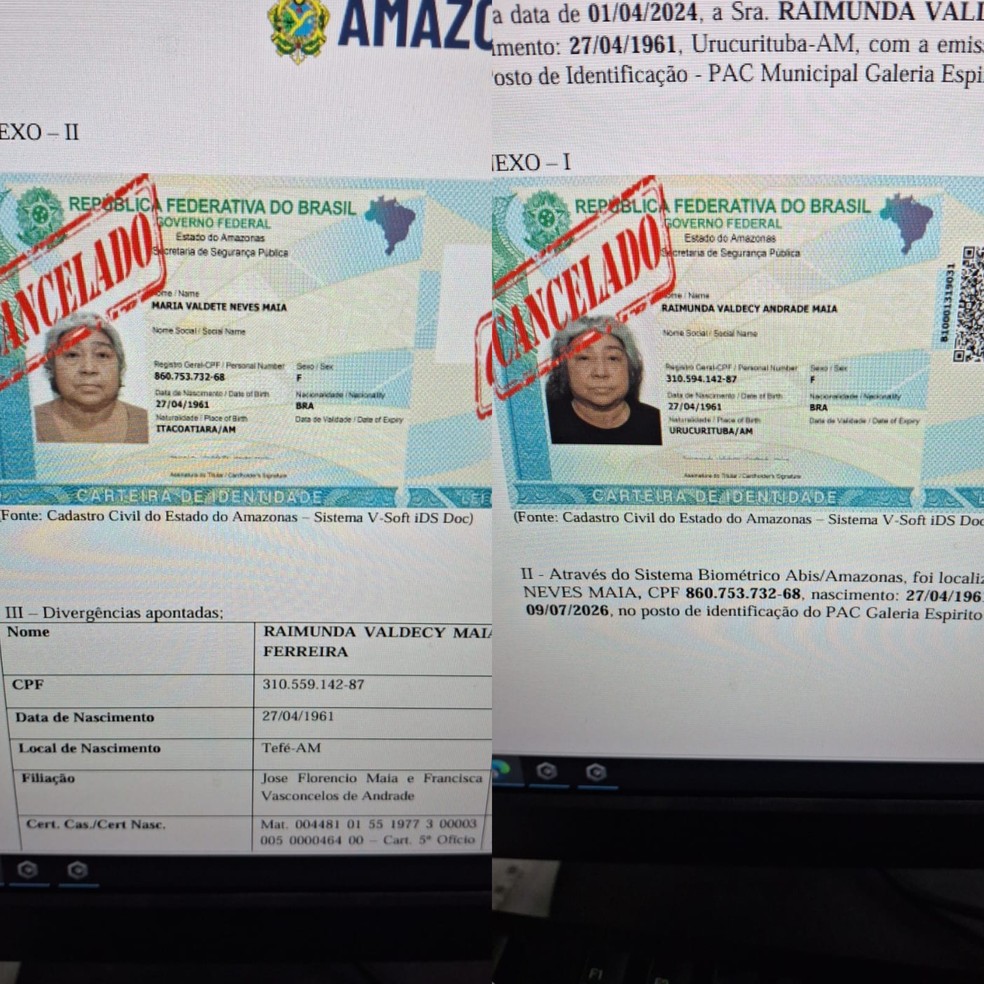 Mulher teria pelo menos duas Carteiras de Identidade Nacionais (CIN) em nomes diferentes. — Foto: Divulgação/PC-AM