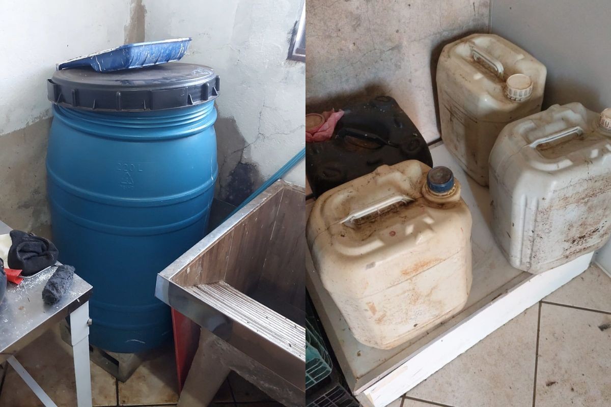 Galões de combustível, tonél com álcool e vasilhames de bebidas são encontrados durante operação contra falsificação de bebidas no PR