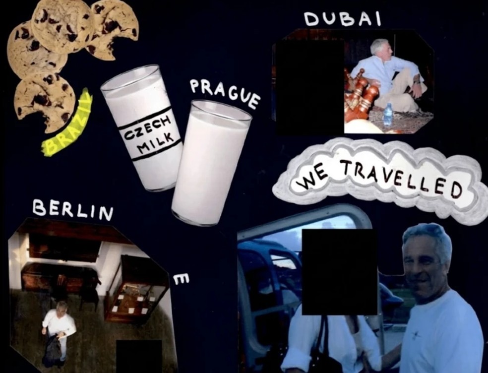 Brasil aparece como um dos destinos de viagem de Epstein em montagem nos arquivos divulgados pelo Departamento de Justiça americano. — Foto: Reprodução via BBC