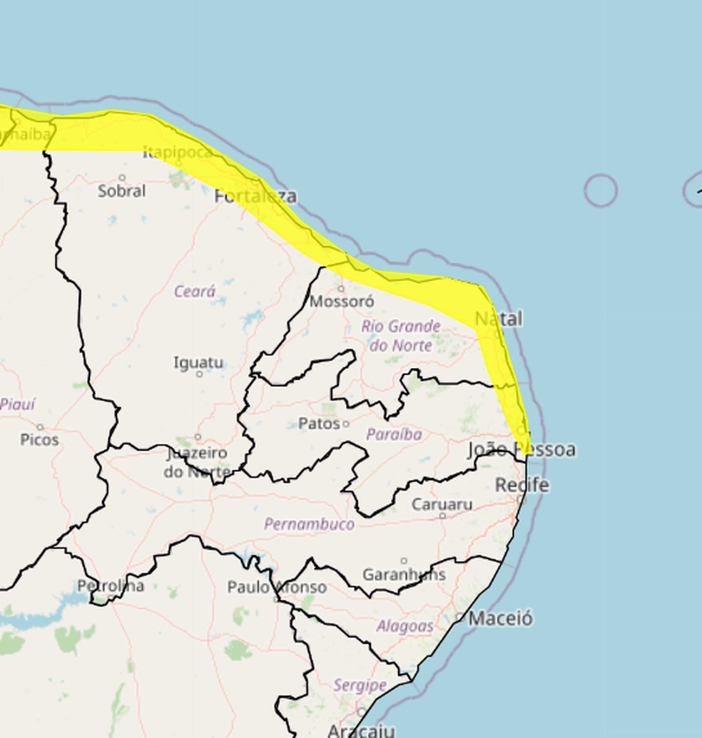 Alerta atinge principalmente cidades do litoral do Ceará. — Foto: Divulgação