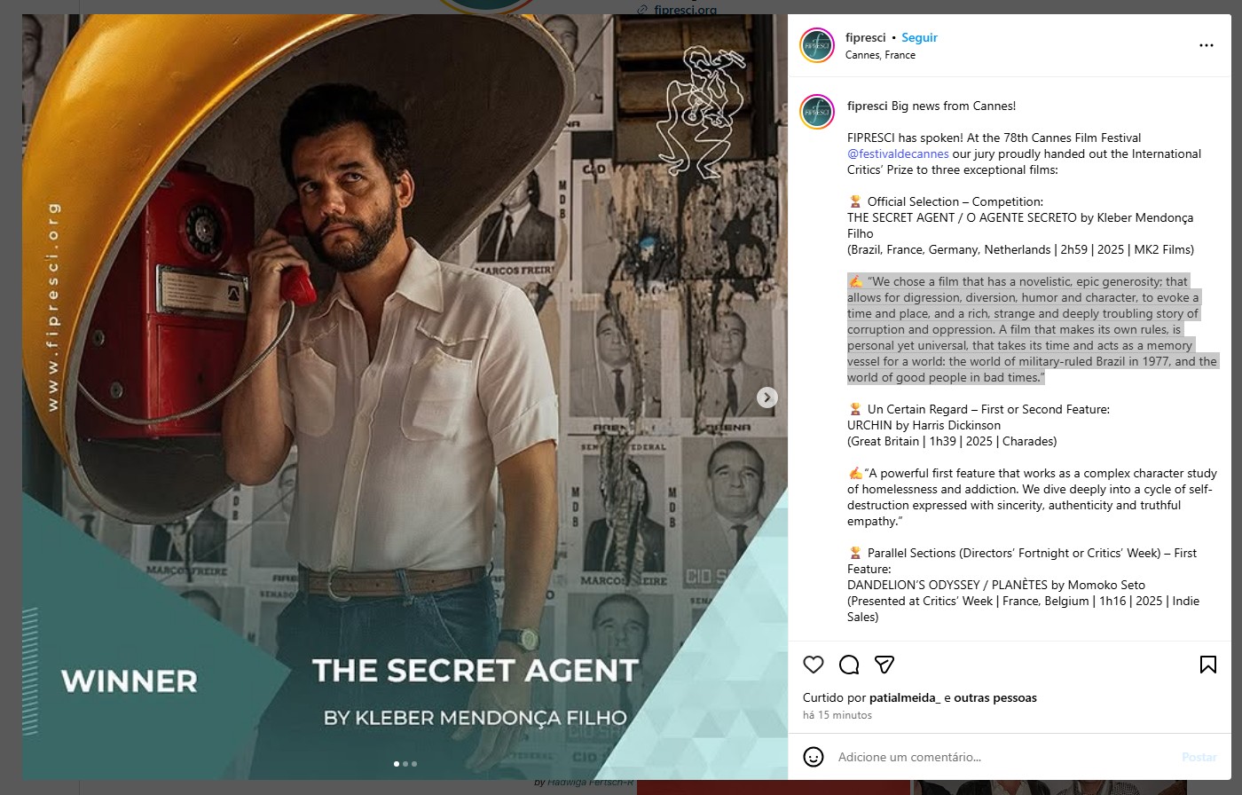 Filme ‘O Agente Secreto’ ganha Prêmio da Crítica no Festival de Cannes; longa concorre à Palma de Ouro | Pop & Arte