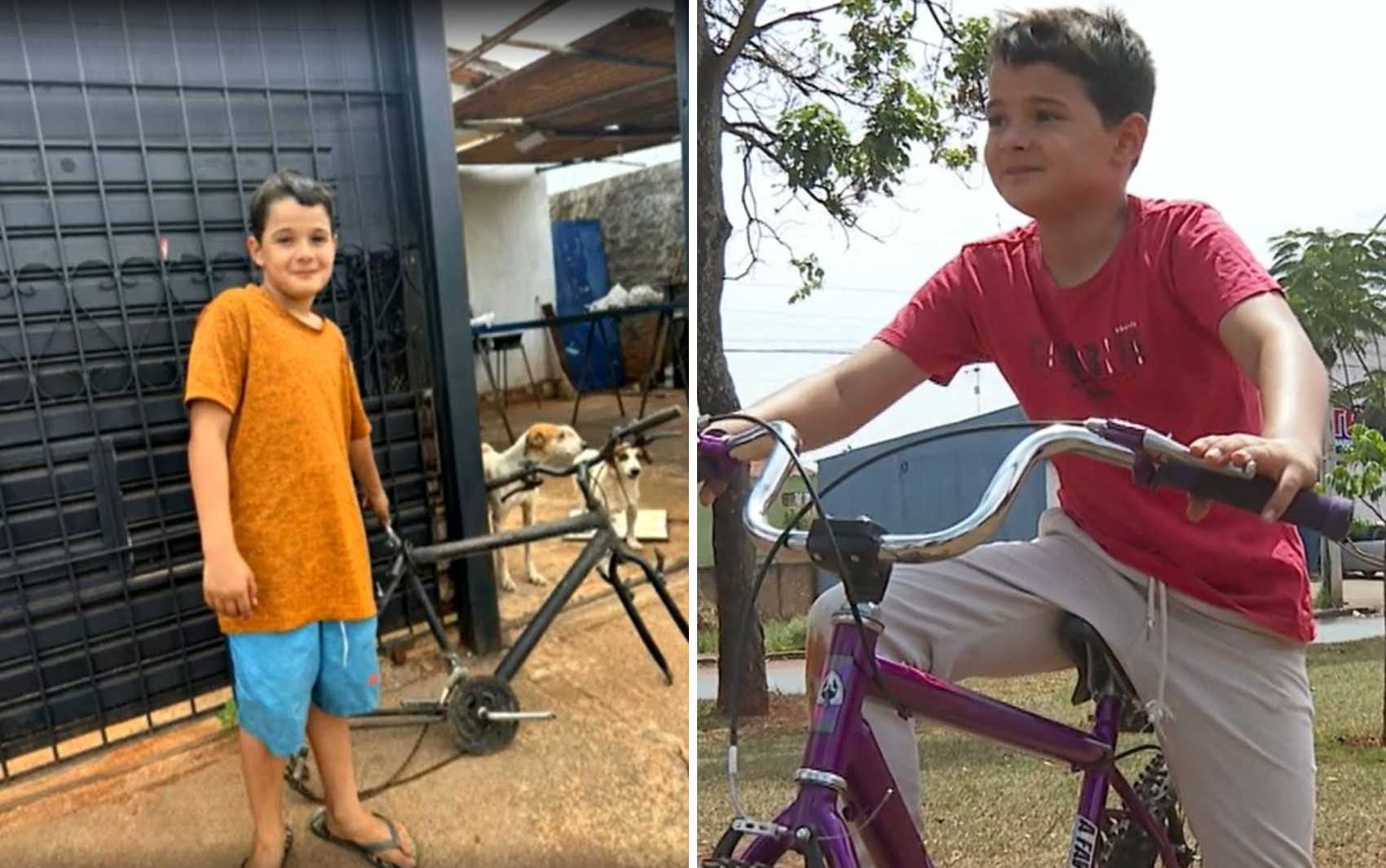 Menino comove comerciante ao carregar carcaça de bicicleta e ganha uma nova