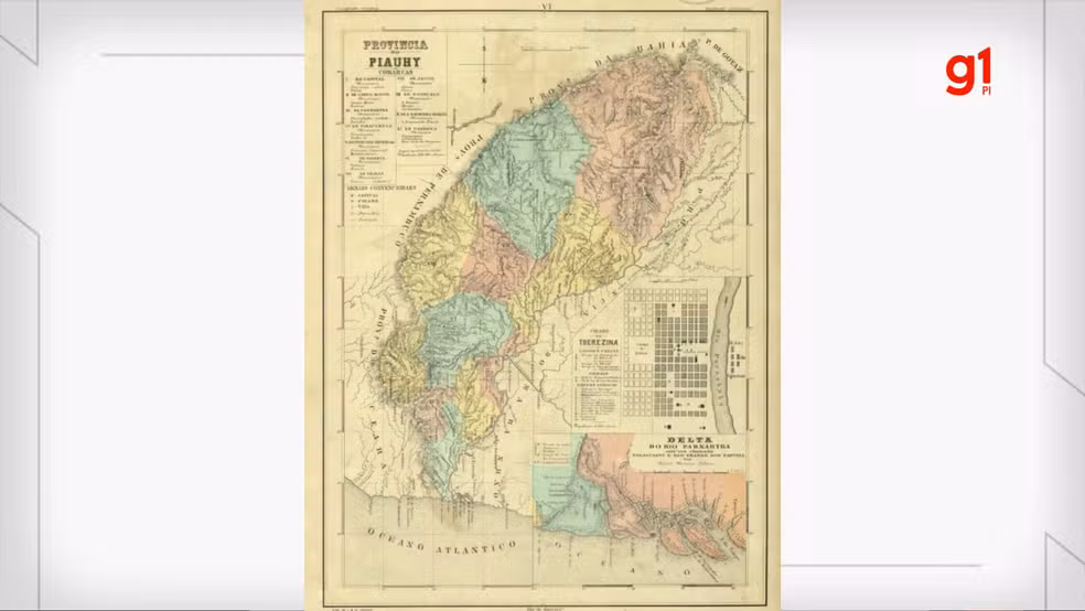 Projeto urbano da cidade ao lado do mapa do Piauí — Foto: Fundação Biblioteca Nacional/Divisão de cartografia e documentos do Império do Brasil.