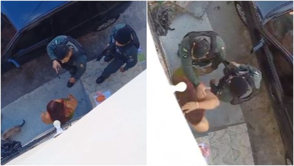 Policial aponta arma e empurra mulher que exigiu ser abordada por agente feminina em Fortaleza. — Foto: Reprodução