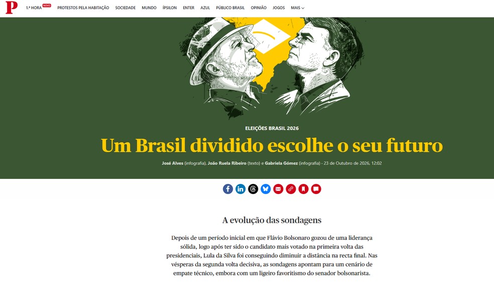 Reportagem do jornal português Público sobre a expectativa para o 2º turno das eleições brasileiras em outubro de 2026. — Foto: Reprodução/Público