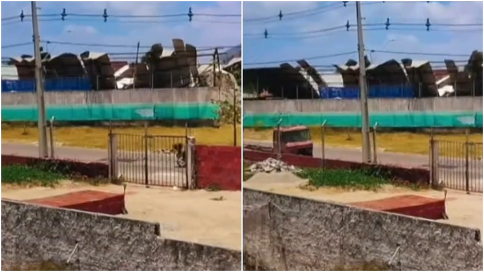 Forte ventania derruba cobertura de ginásio desativado em Pacatuba — Foto: TV Verdes Mares/Reprodução