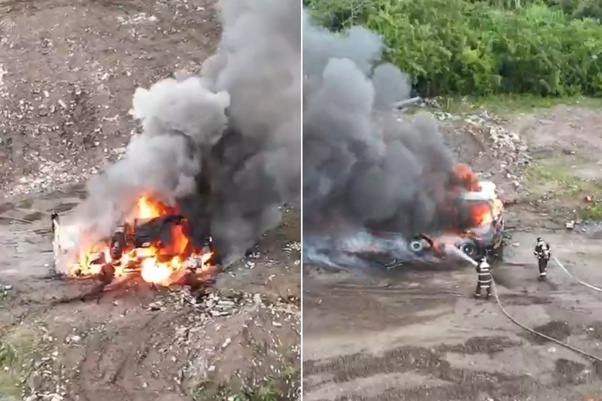 Caminhão pega fogo e gera rastro de fumaça registrado por drone; VÍDEO