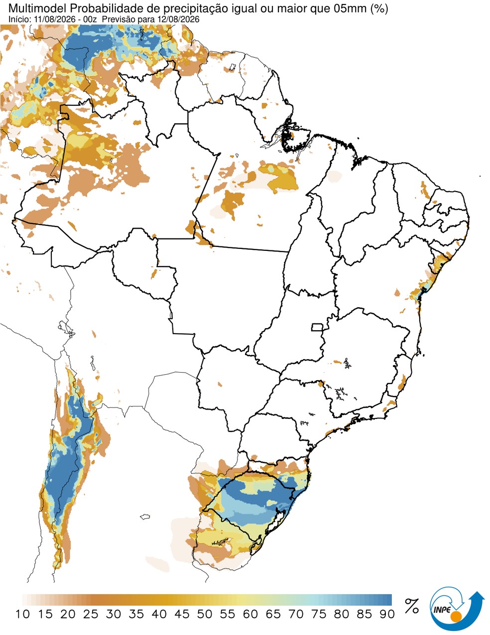 Previsão de chuva nesta quarta em todo o país. — Foto: CPTEC/Inpe