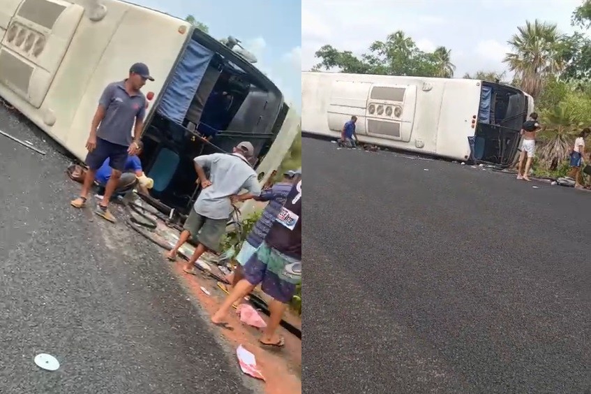 Ônibus com passageiros tomba em estrada de Beneditinos, no Piauí