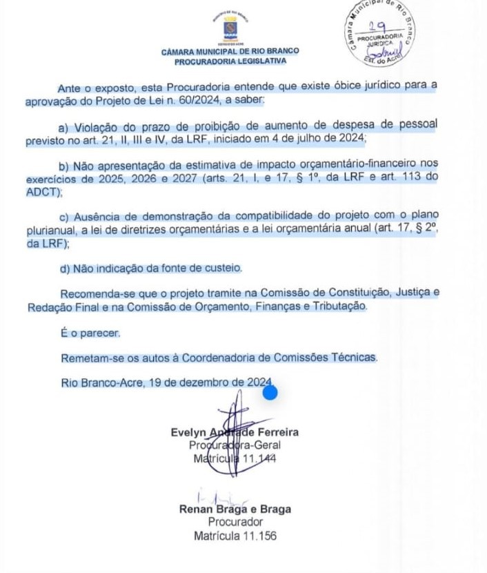 Aumento de salário de secretários aprovado em Rio Branco vai contra diretrizes orçamentárias, alertou Procuradoria da Câmara