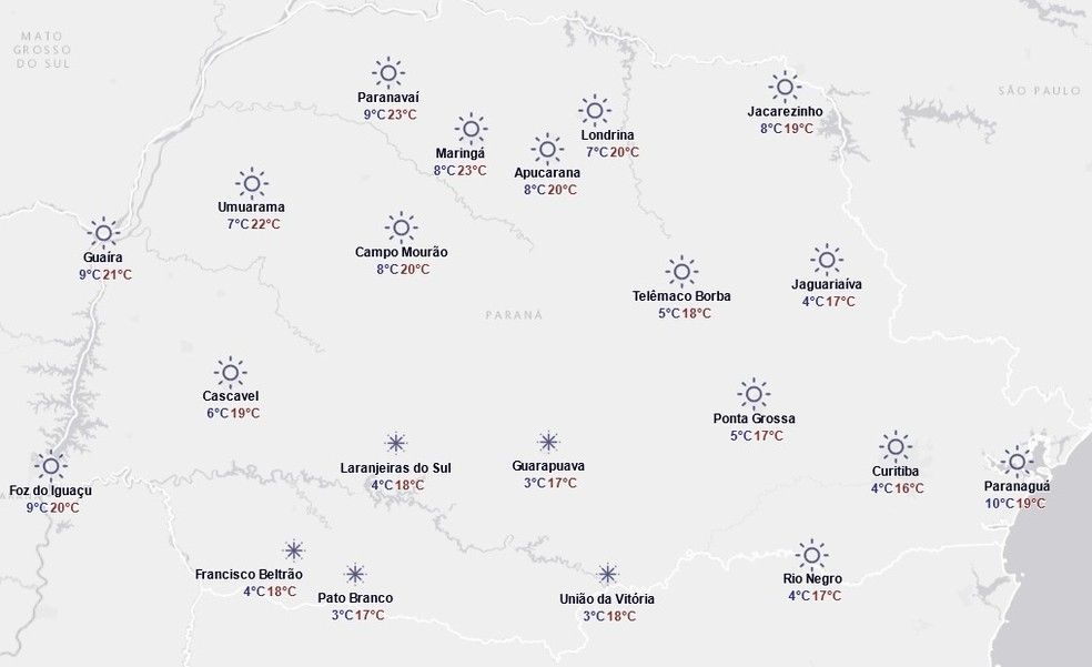 Previsão do tempo do Simepar para segunda-feira, 11 de agosto — Foto: Reprodução/Simepar