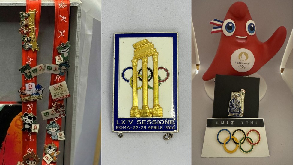 Luiz mostra pins raros de Pequim, Atenas e um do Snoop Dogg, dos Jogos de Paris — Foto: Acervo pessoal