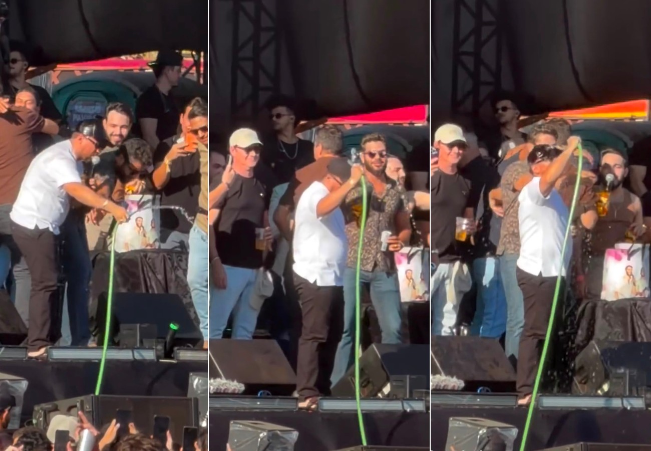 Sertanejo Henrique e Xand Avião aliviam o calor com banho no palco durante show em Palmas; VÍDEO