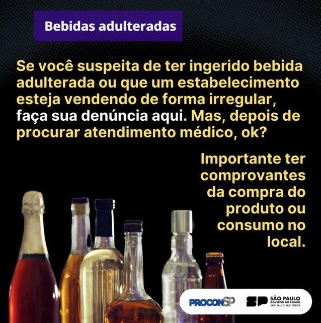 Bebidas adulteradas: Procon-SP cria canal para denúncias após casos de intoxicação por metanol