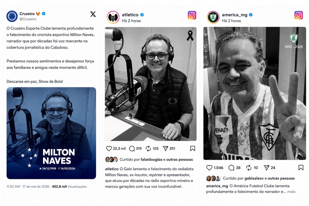 Clubes mineiros publicam em rede social homenagens de Milton Naves. — Foto: Redes sociais