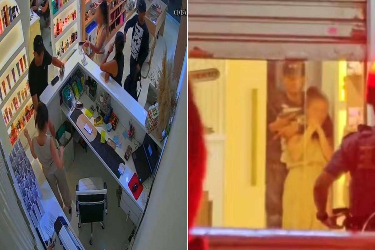 Câmeras flagram bandidos invadindo loja de celulares em assalto com reféns e desespero da dona; VEJA